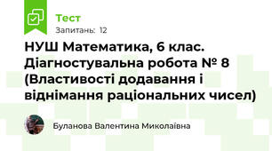 НУШ Математика, 6 клас. Діагностувальна робота № 8 (Властивості додавання і віднімання раціональних чисел)