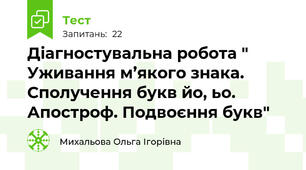 Діагностувальна робота " Уживання м’якого знака. Сполучення букв йо, ьо. Апостроф. Подвоєння букв"