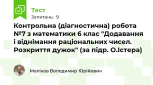 Контрольна (діагностична) робота №7 з математики 6 клас "Додавання і віднімання раціональних чисел. Розкриття дужок" (за підр. О.Істера)