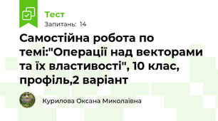 Самостійна робота по темі:"Операції над векторами та їх властивості", 10 клас, профіль,2 варіант