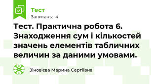 Тест. Практична робота 6. Знаходження сум і кількостей значень елементів табличних величин за даними умовами.