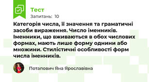 Категорія числа, її значення та граматичні засоби вираження. Число іменників. Іменники, що вживаються в обох числових формах, мають лише форму однини або множини. Стилістичні особливості форм числа іменників.