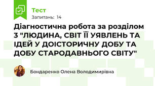 Діагностична робота за розділом 3 "ЛЮДИНА, СВІТ ЇЇ УЯВЛЕНЬ ТА ІДЕЙ У ДОІСТОРИЧНУ ДОБУ ТА ДОБУ СТАРОДАВНЬОГО СВІТУ"