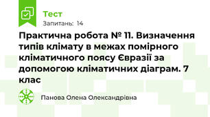 Практична робота № 11. Визначення типів клімату в межах помірного кліматичного поясу Євразії за допомогою кліматичних діаграм. 7 клас