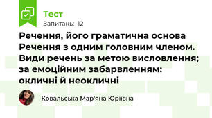 Речення, його граматична основа Речення з одним головним членом. Види речень за метою висловлення; за емоційним забарвленням: окличні й неокличні