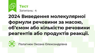 2024 Виведення молекулярної формули речовини за масою, об’ємом або кількістю речовини реагентів або продуктів реакції.