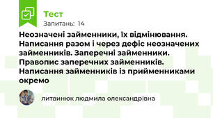 Неозначені займенники, їх відмінювання. Написання разом і через дефіс неозначених займенників. Заперечні займенники. Правопис заперечних займенників. Написання займенників із прийменниками окремо
