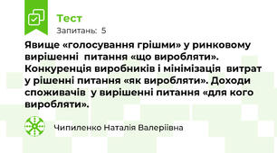 Явище «голосування грішми» у ринковому вирішенні  питання «що виробляти». Конкуренція виробників і мінімізація  витрат у рішенні питання «як виробляти». Доходи споживачів  у вирішенні питання «для кого виробляти».