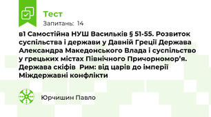 в1 Самостійна НУШ Васильків § 51-55. Розвиток суспільства і держави у Давній Греції Держава Александра Македонського Влада і суспільство у грецьких містах Північного Причорномор’я. Держава скіфів  Рим: від царів до імперії  Міждержавні конфлікти  
