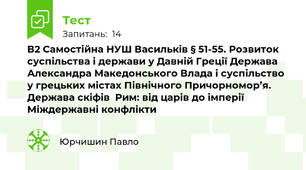 В2 Самостійна НУШ Васильків § 51-55. Розвиток суспільства і держави у Давній Греції Держава Александра Македонського Влада і суспільство у грецьких містах Північного Причорномор’я. Держава скіфів  Рим: від царів до імперії  Міждержавні конфлікти  