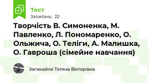 Творчість В. Симоненка, М. Павленко, Л. Пономаренко, О. Ольжича, О. Теліги, А. Малишка, О. Гавроша (сімейне навчання)
