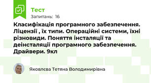 Класифікація програмного забезпечення. Ліцензії , їх типи. Операційні системи, їхні різновиди. Поняття інсталяції та деінсталяції програмного забезпечення. Драйвери. 9кл