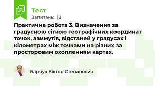 Практична робота 3. Визначення за градусною сіткою географічних координат точок, азимутів, відстаней у градусах і кілометрах між точками на різних за просторовим охопленням картах.