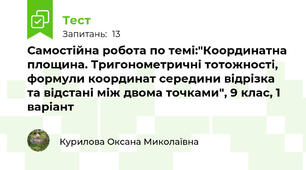 Самостійна робота по темі:"Координатна площина. Тригонометричні тотожності, формули координат середини відрізка та відстані між двома точками", 9 клас, 1 варіант