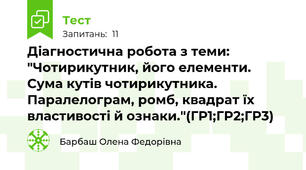 Діагностична робота з теми: "Чотирикутник, його елементи. Сума кутів чотирикутника. Паралелограм, ромб, квадрат їх властивості й ознаки."(ГР1;ГР2;ГР3)