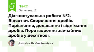 Діагностувальна робота №2. Відсотки. Скорочення дробів. Порівняння, додавання і віднімання дробів. Перетворення звичайних дробів у десяткові.