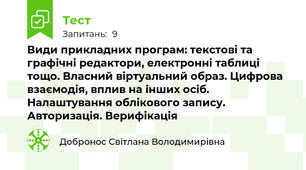 Види прикладних програм: текстові та графічні редактори, електронні таблиці тощо. Власний віртуальний образ. Цифрова взаємодія, вплив на інших осіб. Налаштування облікового запису. Авторизація. Верифікація