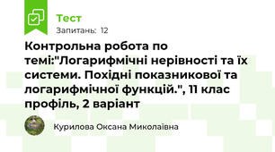 Контрольна робота по темі:"Логарифмічні нерівності та їх системи. Похідні показникової та логарифмічної функцій.", 11 клас профіль, 2 варіант
