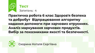 Практична робота 6 клас Здоров'я безпека та добробут  Відпрацювання алгоритму надання допомоги при харчових отруєннях. Аналіз маркування харчових продуктів. Вибір за показниками якості та безпечності. 