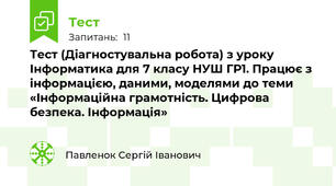 Тест (Діагностувальна робота) з уроку Інформатика для 7 класу НУШ ГР1. Працює з інформацією, даними, моделями до теми «Інформаційна грамотність. Цифрова безпека. Інформація»