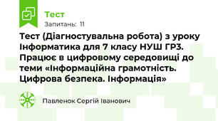 Тест (Діагностувальна робота) з уроку Інформатика для 7 класу НУШ ГР3. Працює в цифровому середовищі до теми «Інформаційна грамотність. Цифрова безпека. Інформація»