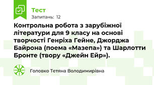 Контрольна робота з зарубіжної літератури для 9 класу на основі творчості Генріха Гейне, Джорджа Байрона (поема «Мазепа») та Шарлотти Бронте (твору «Джейн Ейр»).