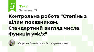 Контрольна робота "Степінь з цілим показником. Стандартний вигляд числа. Функція y=k/x"
