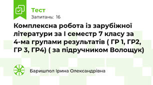 Комплексна робота із зарубіжної літератури за І семестр 7 класу за 4-ма групами результатів ( ГР 1, ГР2, ГР 3, ГР4) ( за підручником Волощук)