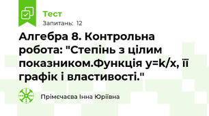 Алгебра 8. Контрольна робота: "Степінь з цілим показником.Функція у=k/x, її графік і властивості."