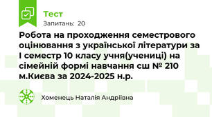 Робота на проходження семестрового оцінювання з української літератури за І семестр 10 класу учня(учениці) на сімейній формі навчання сш № 210 м.Києва за 2024-2025 н.р.