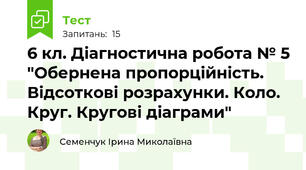 6 кл. Діагностична робота № 5 "Обернена пропорційність. Відсоткові розрахунки. Коло. Круг. Кругові діаграми"