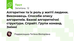 Алгоритми та їх роль у житті людини. Виконавець. Способи опису алгоритмів. Базові алгоритмічні структури. Спрайт. Групи команд. Змінні