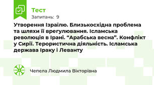 Утворення Ізраїлю. Близькосхідна проблема та шляхи її врегулювання. Ісламська революція в Ірані. “Арабська весна”. Конфлікт у Сирії. Терористична діяльність. Ісламська держава Іраку і Леванту