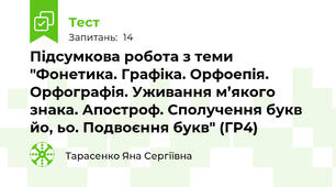 Підсумкова робота з теми "Фонетика. Графіка. Орфоепія. Орфографія. Уживання м’якого знака. Апостроф. Сполучення букв йо, ьо. Подвоєння букв" (ГР4)