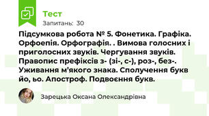 Підсумкова робота № 5. Фонетика. Графіка. Орфоепія. Орфографія. . Вимова голосних і приголосних звуків. Чергування звуків. Правопис префіксів з- (зі-, с-), роз-, без-. Уживання м’якого знака. Сполучення букв йо, ьо. Апостроф. Подвоєння букв. 