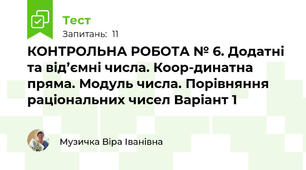 КОНТРОЛЬНА РОБОТА № 6. Додатні та від’ємні числа. Коор-динатна пряма. Модуль числа. Порівняння раціональних чисел Варіант 1