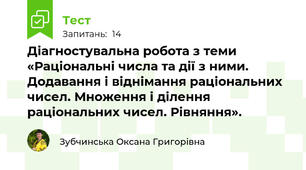 Діагностувальна робота з теми «Раціональні числа та дії з ними. Додавання і віднімання раціональних чисел. Множення і ділення раціональних чисел. Рівняння».