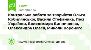 Контрольна робота за творчістю Ольги Кобилянської, Василя Стефаника, Лесі Українки, Володимира Винниченка, Олександра Олеся, Миколи Вороного.
