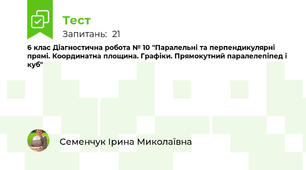 6 клас Діагностична робота № 10 "Паралельні та перпендикулярні прямі. Координатна площина. Графіки. Прямокутний паралелепіпед і куб"