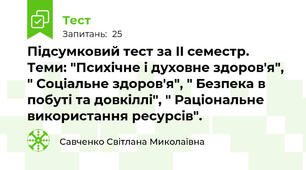 Підсумковий тест за II семестр. Теми: "Психічне і духовне здоров'я", " Соціальне здоров'я", " Безпека в побуті та довкіллі", " Раціональне використання ресурсів".