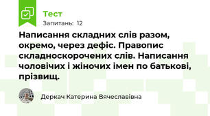 Написання складних слів разом, окремо, через дефіс. Правопис складноскорочених слів. Написання чоловічих і жіночих імен по батькові, прізвищ.