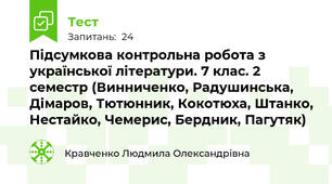 Підсумкова контрольна робота з української літератури. 7 клас. 2 семестр (Винниченко, Радушинська, Дімаров, Тютюнник, Кокотюха, Штанко, Нестайко, Чемерис, Бердник, Пагутяк)