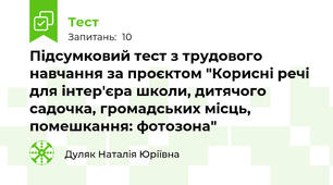 Підсумковий тест з трудового навчання за проєктом "Корисні речі для інтер'єра школи, дитячого садочка, громадських місць, помешкання: фотозона"