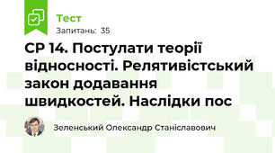 СР 14. Постулати теорії відносності. Релятивістський закон додавання швидкостей. Наслідки пос