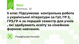 5 клас Підсумкова  контрольна робота з української літератури за Гр1, ГР 2, ГР3,ГР 4 за перший семестр для учнів , які здобувають освіту за сімейною формою навчання. 