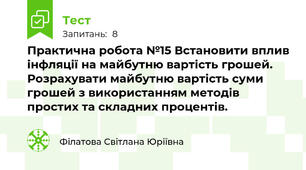 Практична робота №15 Встановити вплив інфляції на майбутню вартість грошей. Розрахувати майбутню вартість суми грошей з використанням методів простих та складних процентів.