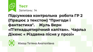 Підсумкова контрольна  робота ГР 2 (Працює з текстом) "Пригоди і фантастика".    Жуль Верн  «П’ятнадцятирічний капітан».  Чарльз Дікенс « Різдвяна пісня у прозі»  