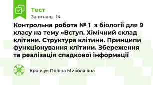 Контрольна робота № 1  з біології для 9 класу на тему «Вступ. Хімічний склад клітини. Структура клітини. Принципи функціонування клітини. Збереження та реалізація спадкової інформації