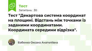 Тест "Декартова система координат на площині. Відстань між точками із заданими координатами. Координата середини відрізка".