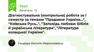 Діагностувальна (контрольна) робота за І семестр за темами "Прадавня Україна...", "Київська Русь..", "Заповідь любови: Біблія й українська література", "Література козацької України".
